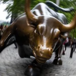 Raging bull symbolising a bull market and the market power of activist investors in this pocket guide, with everything in the background, people, trees, etc., swept into powerful motion behind it.