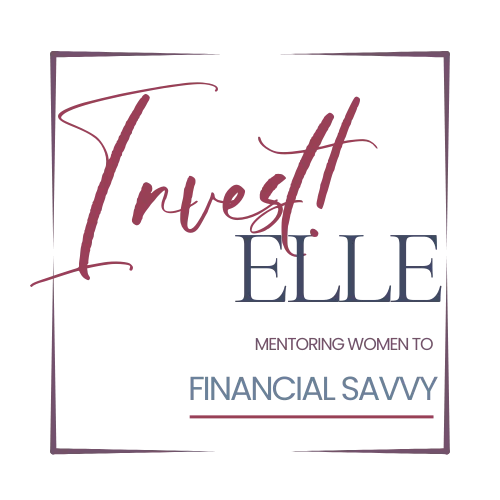 The Invest!Elle Logo in shades of blue and the handwriting in a soft burgundy red, displaying the Invest!ELLE´s concept: Women for Fiancial Savvy
